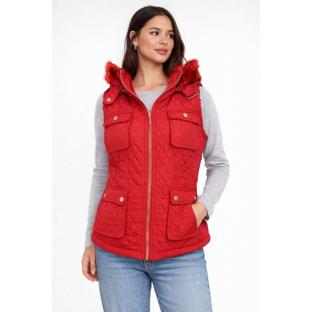Red Quilted Puffer Vest Women Hooded Faux Fur Trim Zip Front Jacket Size M